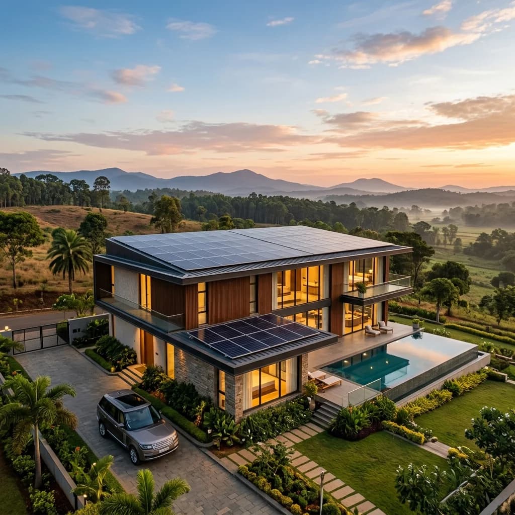 Modern luxury house with roof-mounted solar panels at sunrise