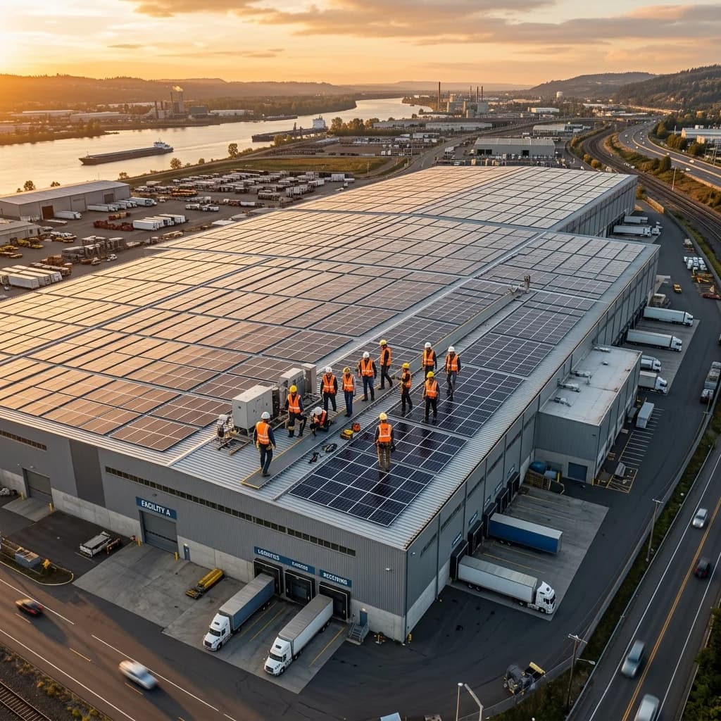 Drone aerial photography of industrial solar plant at golden sunlight
